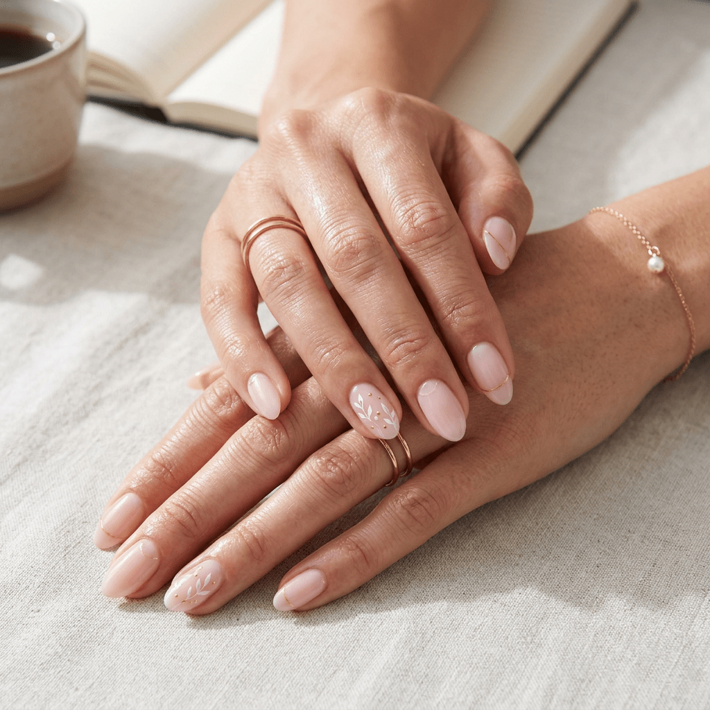 Hands with nude manicure, gold-lined tips, and floral nail art on neutral background